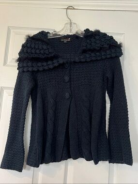 Laura Navy Knit Hooded Cardigan with fur Trim